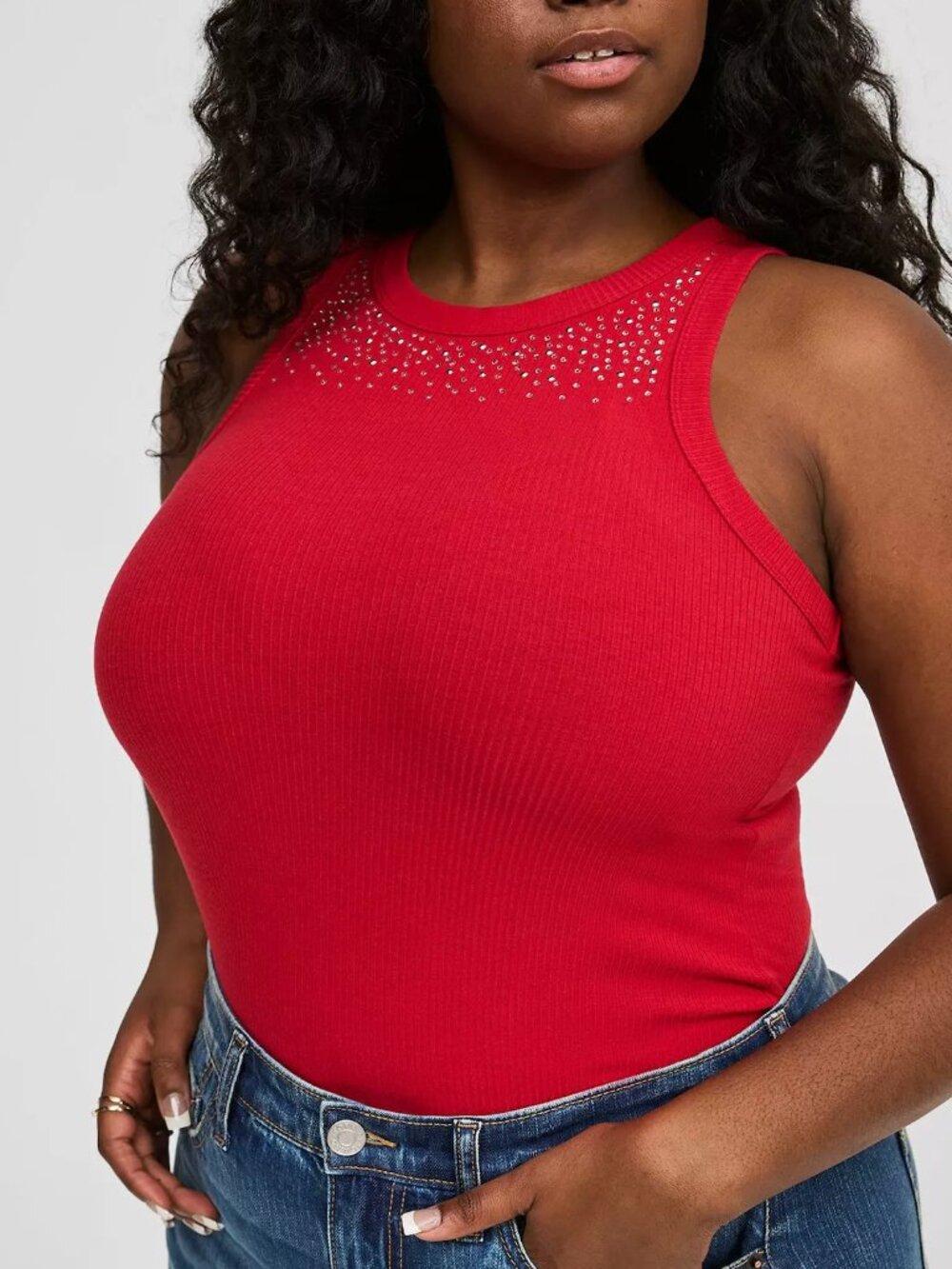 NEW NWT TORRID 1 Plus Size Super Soft Rib High Neck Embellished Tank Top Red 1X
